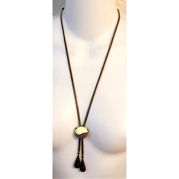 Brass Necklace Southwestern Bolo Slide Enamel Beaded Lariat Chain Foldover Clasp - Picture 1 of 7